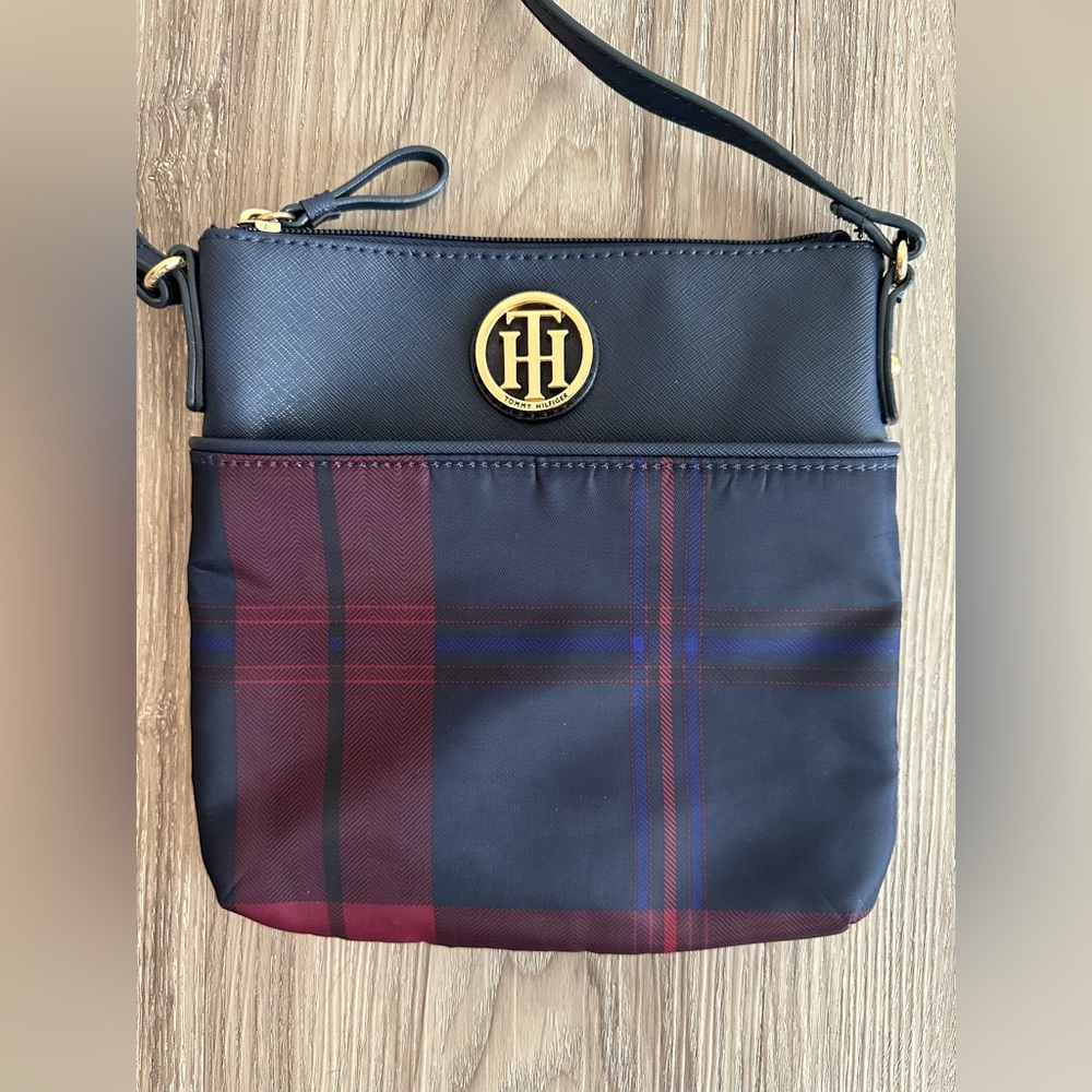 Tommy Hilfiger Navy Blue & Maroon Plaid Crossbody Bag